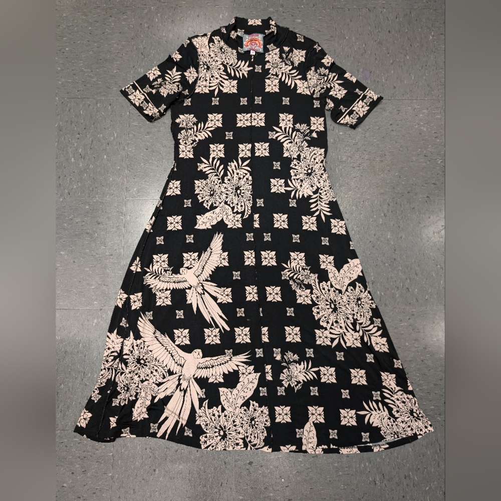 Johnny Was Black and Cream Bird Floral Dress